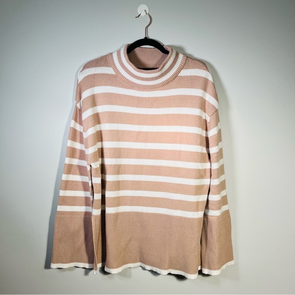 ZESICA Women's Loose Sweater Casual Turtleneck Long Sleeve Striped Side Slit L - Picture 1 of 7